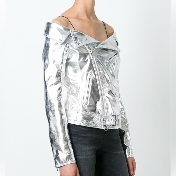 FAITH CONNEXION Off The Shoulder Silver Leather Jacket, sz FR38/US6 - Picture 2 of 9